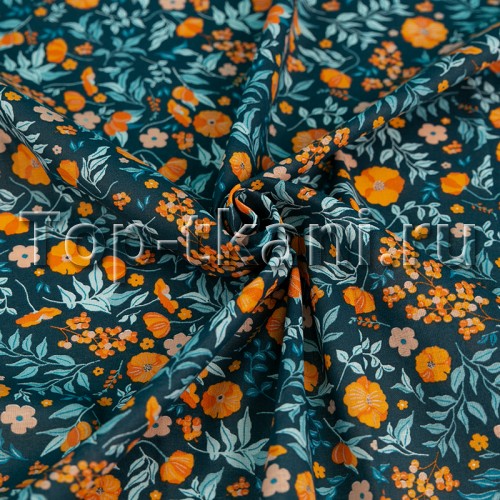 Ситец набивной - Оранжевые цветы на темно-синем (ширина 80 см)